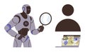 AI robot analyzing laptop data with magnifying glass and user silhouette representing cybersecurity Royalty Free Stock Photo