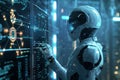 An AI robot navigates through data in a futuristic center, Imagine a visualization of artificial intelligence analyzing and Royalty Free Stock Photo