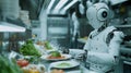 AI Robot Perfecting Gourmet Dish Plating in Professional Kitchen. An AI-powered robot meticulously plates a gourmet dish in a