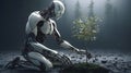 AI robot planting a tree, ecology, technology, humanoid, go green, Generative AI