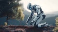 AI robot planting a tree, ecology, technology, humanoid, go green, Generative AI