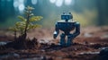 AI robot planting a tree, ecology, technology, humanoid, go green, Generative AI