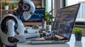 AI robot programming at laptop in modern office. Futuristic humanoid robot using computer for coding. Conceptual image Royalty Free Stock Photo