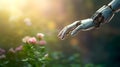 AI robot reach hand to touch pink flower with green nature blurred background bokeh lights, artificial intelligence machine in