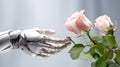 AI robot reaching hand out to gentle touch beautiful rose flower, artificial intelligence machine with love nature. Science cyber