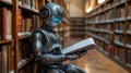 AI Robot Reading in Library Demonstrating Advanced Content Creation