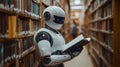 AI Robot Reading in Library Demonstrating Advanced Content Creation