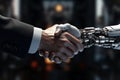 AI robot shake hand with business man. business technology concept. Generative AI Royalty Free Stock Photo