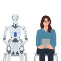 AI robot sits among frustrated job seeker losing jobs due to innovative technologies and robotization of production