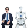 AI robot sits among frustrated job seeker losing jobs due to innovative technologies and robotization of production