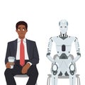 AI robot sits among young frustrated job seeker losing jobs due to innovative technologies and robotization of production