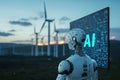 AI robot standing in front of a computer screen, many wind generators in the background Royalty Free Stock Photo