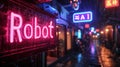 AI Robot store on cyberpunk city street in rain at night, neon signs on dark grungy alley with blue and red light. Concept of