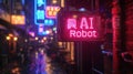 AI Robot store or workshop on cyberpunk city street at night, neon signs on dark grungy alley with blue and red light in rain.