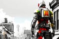 AI robot in urban setting, futuristic artificial intelligence, modern technology integration, cybernetic innovation