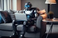 AI robot uses computer notebook sitting on couch at home, generative AI