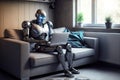 AI robot uses computer notebook sitting on couch at home, generative AI