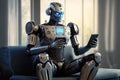 AI robot uses mobile phone sitting on couch in house room, generative AI