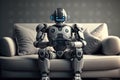 AI robot uses mobile phone sitting on couch in house room, generative AI