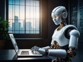 AI robot using laptop abstract background. Technology future concept. Generative AI Royalty Free Stock Photo