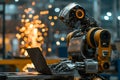 Ai robot using laptop computer on factory warehouse, Industrial, Manufacturing, Automated Assembly, Technology concept Royalty Free Stock Photo