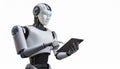 Ai robot using tablet isolate on transparency background PNG Royalty Free Stock Photo