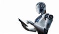 Ai robot using tablet isolate on transparency background PNG Royalty Free Stock Photo