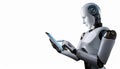 Ai robot using tablet isolate on transparency background PNG Royalty Free Stock Photo