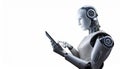 Ai robot using tablet isolate on transparency background PNG Royalty Free Stock Photo