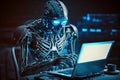 Ai Robot working with computer. Futuristic Humanoid worker. Generative Ai