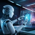 AI robot working on cyber security in high tech controle room