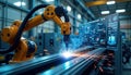 AI robotic arm expertly controls automated welding lathe in manufacturing facility. Real-time data on overlay HUD ensures optimal
