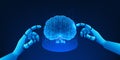AI robotic hand creating a digital brain, symbolizing the development of artificial intelligence, machine learning evolution, and Royalty Free Stock Photo