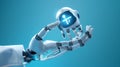 AI robotic hand for medical healthcare practices, with graphical icon display and blue banner background, integrating Royalty Free Stock Photo