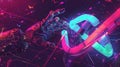 Ai robots and cyborg arms on a neon glowing hud in a futuristic theme with an infinity symbol. Futuristic AI concept