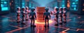 AI robots form protective barrier around glowing data server. Digital lines show data protection. Tech team safeguards network.
