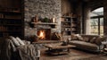 rustic home interior living room, Emphasizing natural and rugged elements wood, stoneearthy colors,cozy, countryside Royalty Free Stock Photo