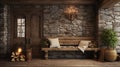 rustic home interior vestibule, Emphasizing natural and rugged elements wood, stoneearthy colors,cozy, countryside Royalty Free Stock Photo