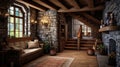 rustic home interior vestibule, Emphasizing natural and rugged elements wood, stoneearthy colors,cozy, countryside Royalty Free Stock Photo