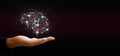 AI's brain. Low poly wireframe mesh of artificial intelligence. Polygonal line art in a robot's hand. Human uses AI Royalty Free Stock Photo