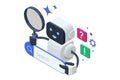 AI search helper. Isometric robot assistant holding magnifying glass and search bar, symbolizing artificial intelligence Royalty Free Stock Photo
