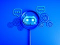AI searching tools, development and management technology assistance service support concept. Bot icon in magnifying glass lens