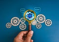 AI searching tools, robot job business service, development and management technology concept. Chat bot icon in magnifying glass