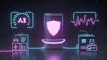 AI Security and Data Protection in a Futuristic Digital Landscape with Neon Glowing Icons and Interconnected Systems Royalty Free Stock Photo