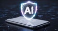 AI Security Shield on Smartphone - Protecting Digital Information and Data Privacy Royalty Free Stock Photo