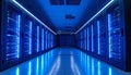 AI Server Rack Glowing exact color in Data Center Room. AI themed Background. Generated Image Royalty Free Stock Photo