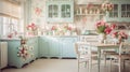 Shabby chic home interior kitchen, vintage and distressed look with pastel colors, floral patternsantique furniture