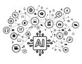 AI in social media engagement. Artificial intelligence. Page design with icons of people social media and AI Royalty Free Stock Photo
