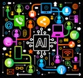 AI in social media engagement. Artificial intelligence. Page design with icons of people social media and AI Royalty Free Stock Photo