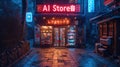 AI store or workshop on cyberpunk city street at night, neon signs on dark grungy alley with blue and red light. Concept of Royalty Free Stock Photo